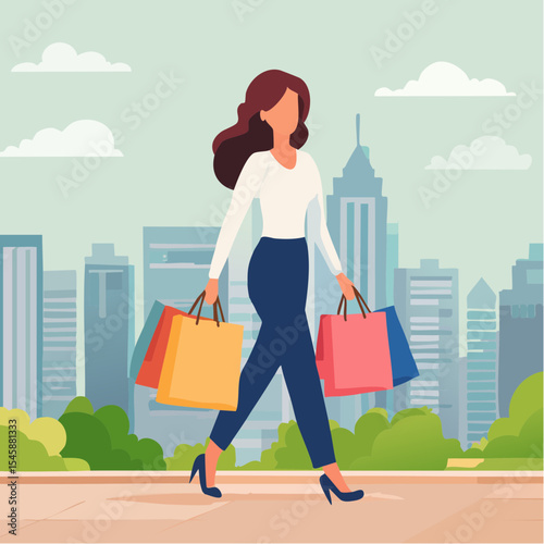 happy woman walking with shopping bags, vector illustration