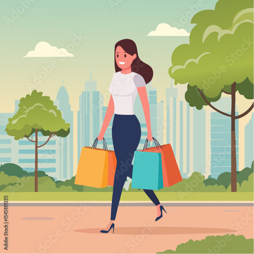 happy woman walking with shopping bags, vector illustration