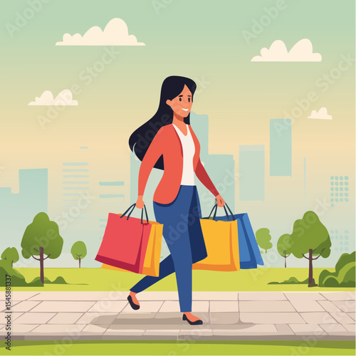 happy woman walking with shopping bags, vector illustration