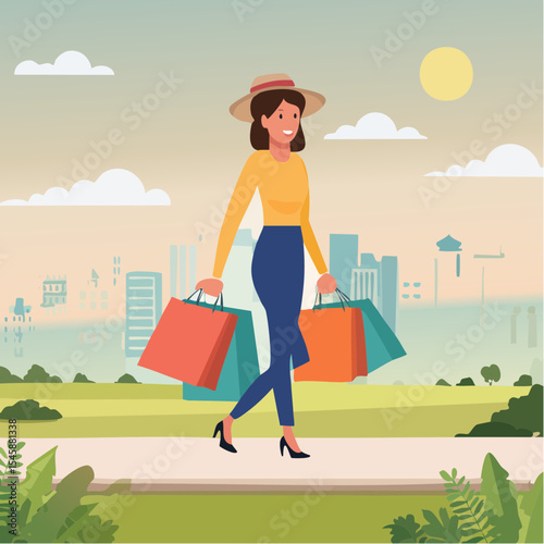 happy woman walking with shopping bags, vector illustration