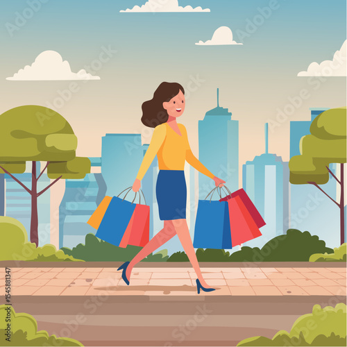happy woman walking with shopping bags, vector illustration