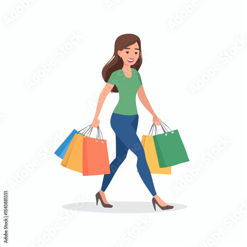 happy woman walking with shopping bags, vector illustration