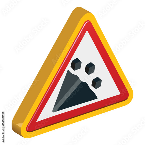 Hazard ahead warning sign for falling rocks and debris on mountain roads for driver safety alert