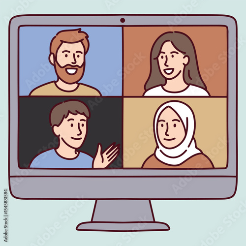 Four diverse people on video call seen on computer monitor, smiling and talking remotely during friendly conversation or online gathering