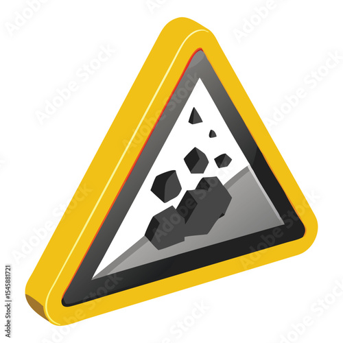 Falling rocks ahead yellow triangle road sign isolated on white background warning of danger area ahead