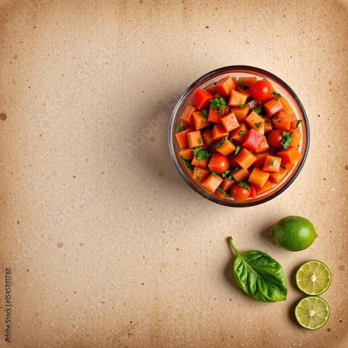 create a photo optimized image featuring a fresh pico de gallo in a glass bowl on the right side, under soft diffused lighting