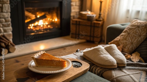 Cozy living room with pumpkin pie slice on table near fireplace  