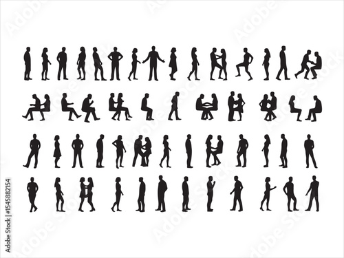 Collection of diverse black silhouette figures depicting various poses and interactions with each other on a white background.