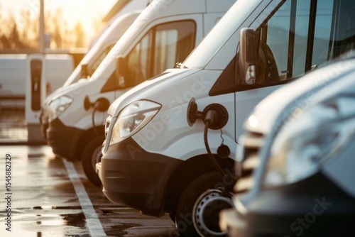 Electric Vehicles . Electric Car. Electric Vans Charging at Station. Eco-Friendly Transportation Concept with Copy Space. Row of Electric Delivery Vehicles Being Charged. Clean Energy Mobility.	