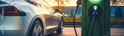 Electric Car. Modern Electric Vehicle. Electric Car Charging at Station. Eco-Friendly Vehicle Connected to Power Source. Clean Energy and Sustainable Transportation Concept with copy space.