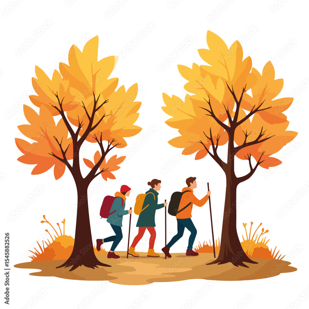 Friends hiking autumn trail under trees with fall foliage. Group enjoys early fall nature walk, celebrating start of fall and autumn equinox.