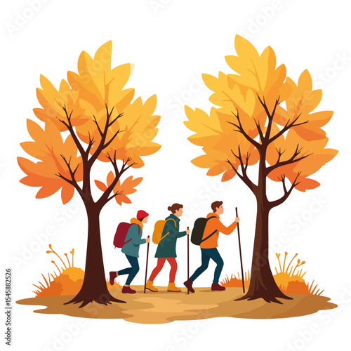 Friends hiking autumn trail under trees with fall foliage. Group enjoys early fall nature walk, celebrating start of fall and autumn equinox.