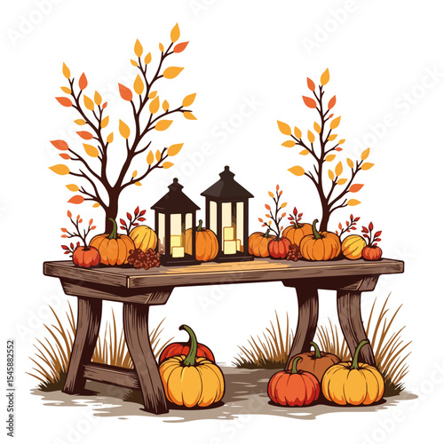Rustic garden table decorated with fall foliage, pumpkins, and lanterns. Autumn equinox celebration includes harvest pumpkins and glowing lanterns on wooden table.