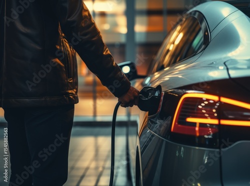 Electric Car. Modern Electric Vehicle. Electric Car Charging at Station. Eco-Friendly Vehicle Connected to Power Source. Clean Energy and Sustainable Transportation Concept with copy space.