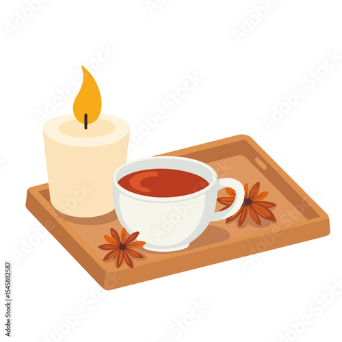 Cozy autumn equinox scene with spiced tea and candle on wooden tray. Fall seasonal transition captured in minimalist flat lay.  Start of fall and autumn equinox concept for social media, blog,
