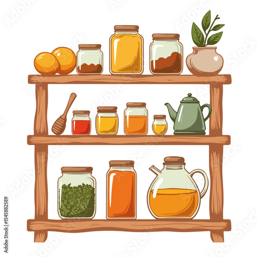 Cozy kitchen shelf with jars of preserves, honey, and herbal tea blends. Autumn equinox starts with harvest of honey and homemade preserves. Jars of herbal tea blends complete cozy fall atmosphere.