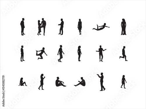 Collection of silhouetted people performing various activities and poses against white background