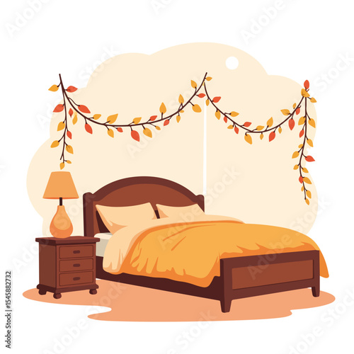 Cozy bedroom decorated for autumn equinox with warm-toned bedding and fairy lights. Autumn leaves garland above bed creates cozy atmosphere perfect for start of fall.
