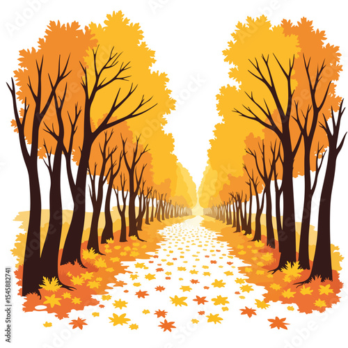 Golden autumn path through trees with fallen leaves.  Start of fall scene shows foliage and nature's seasonal transition.