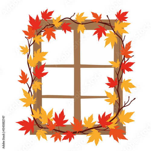 Autumn window decorated with pressed leaves and garlands.  Fall equinox design features vibrant maple leaves in warm tones. Cozy season image perfect for autumnal invitations or greeting cards,