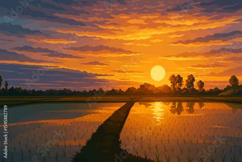 This captivating illustration portrays a peaceful rice field at sunset. The golden sun is low on the horizon, casting a warm orange and purple glow across the sky and the water-filled paddies. Rows of