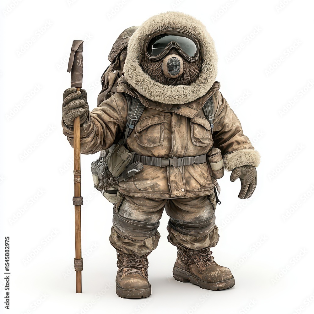 Obraz premium Cartoon Figure in Heavy Winter Gear Against White Background