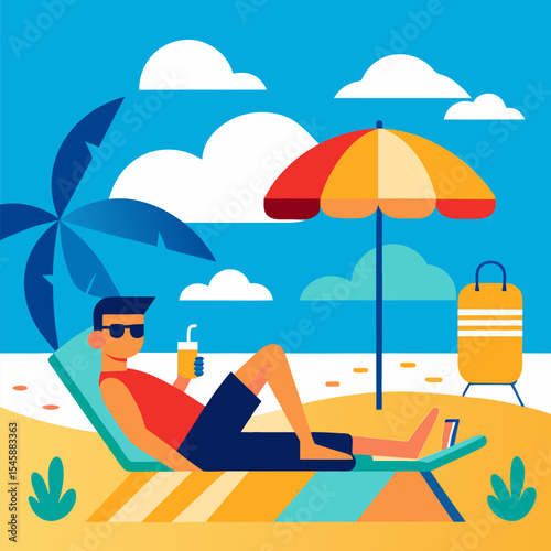 Relaxing on the Beach During Summer Break – Vacation, Leisure, and Tropical Getaway Illustration