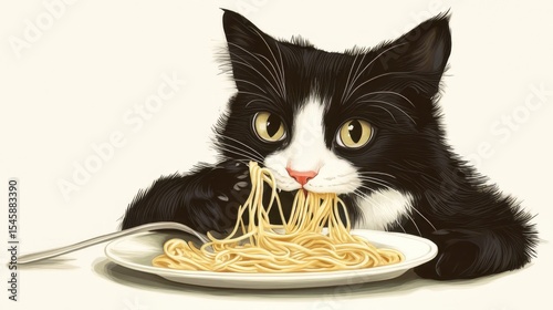 A cute chef cat in an apron cooking pasta in a cozy kitchen with floating ingredients and steam rising from the pot