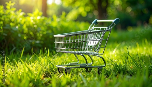 Shopping cart in green grass.