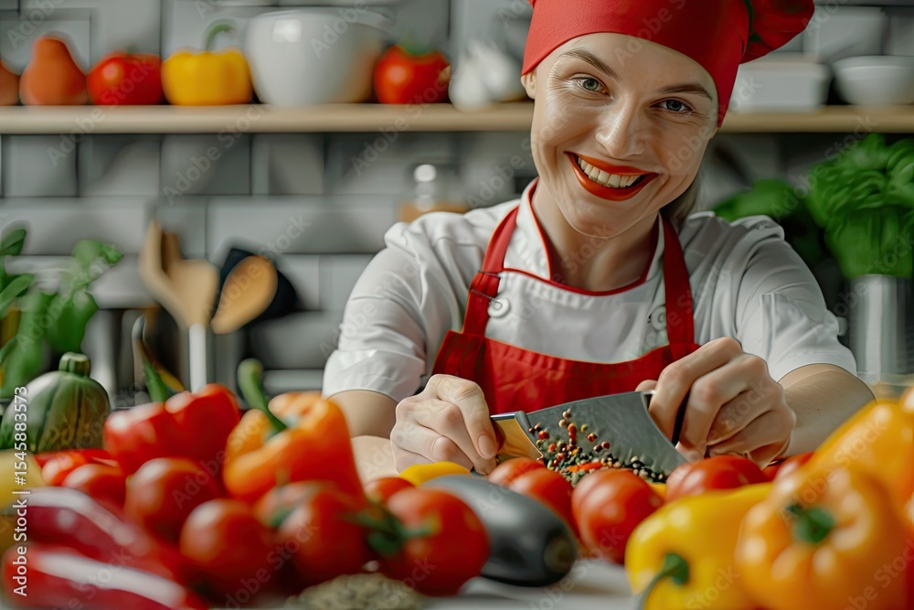 Diet Vegetarian Healthy Organic Food Cooking Smiling Female Chef Holds in Hands Pepper and Knife Diet Vegetarian Healthy Organic Food Cooking Smiling Female Chef Holds in Hands Pepper and Knife