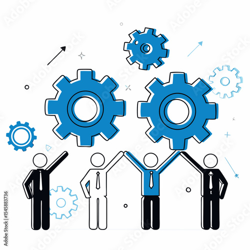 Business Team Collaboration and Synergy Concept with People and Interlocking Gears Vector Illustration,

