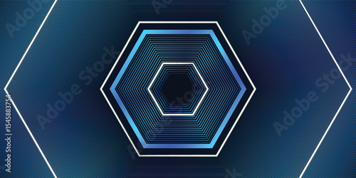 Vector realistic hexagon with neon parts in dark background .Futuristic illustration . Sci fi object , Realistic hexagon , Futuristic glowing HUD hexagonal element .Nano techology