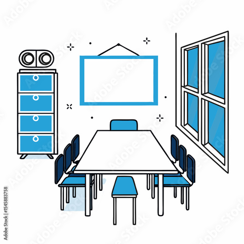 Corporate Office Conference Room Interior with Table Chairs and Storage Cabinet Vector Illustration,

