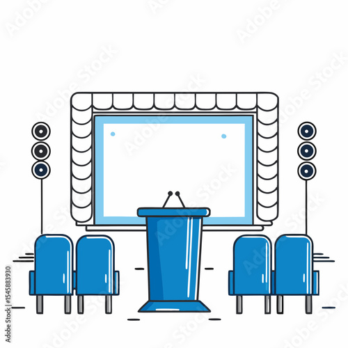 Conference Hall Presentation Stage with Podium and Seating Vector Illustration,

