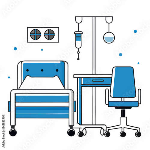 A vector illustration depicting a hospital ward with a bed, IV drip, and medical equipment, symbolizing healthcare, patient care, or a medical facility.

