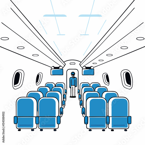 A vector illustration depicting the interior of an airplane cabin with seats and a passenger, representing air travel and transportation.

