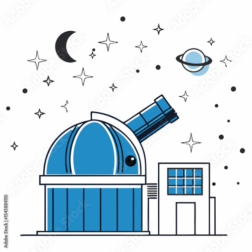A vector illustration of an observatory with a telescope, surrounded by stars, constellations, and the moon, symbolizing astronomy and space research.

