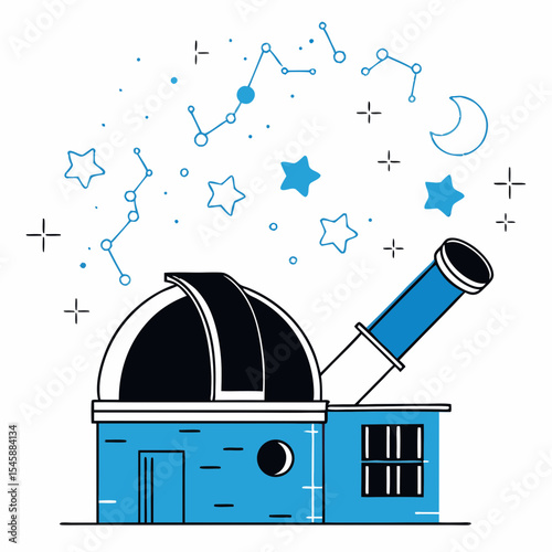 A vector illustration of an observatory with a telescope, surrounded by stars, constellations, and the moon, symbolizing astronomy and space research.


