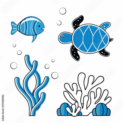 A vector illustration featuring various sea animals and underwater elements like a fish, turtle, and coral, perfect for ocean-themed designs and children's content.

