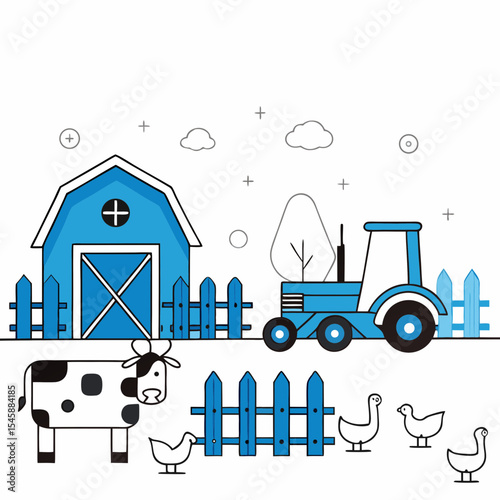 A vector illustration of a charming farm scene with a barn, cow, tractor, and chickens, ideal for agricultural, rural, and children's themes.

