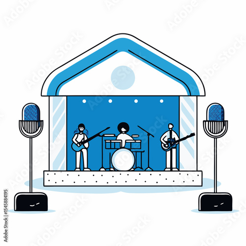 A vector illustration of a band performing on a music stage with microphones, representing a live music show or concert.

