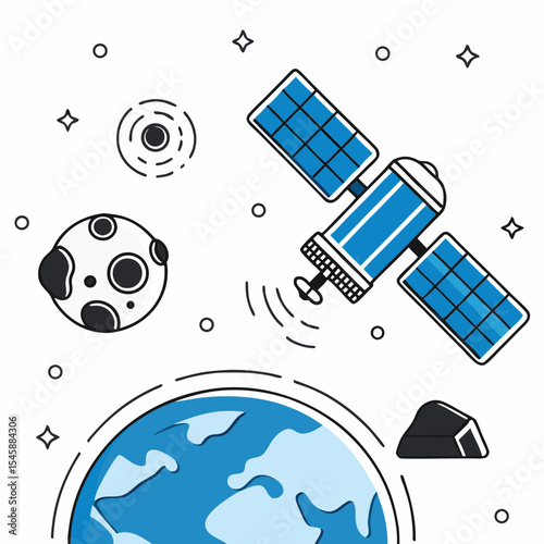 A vector illustration depicting a satellite orbiting Earth with other celestial bodies, representing global communication and space technology.

