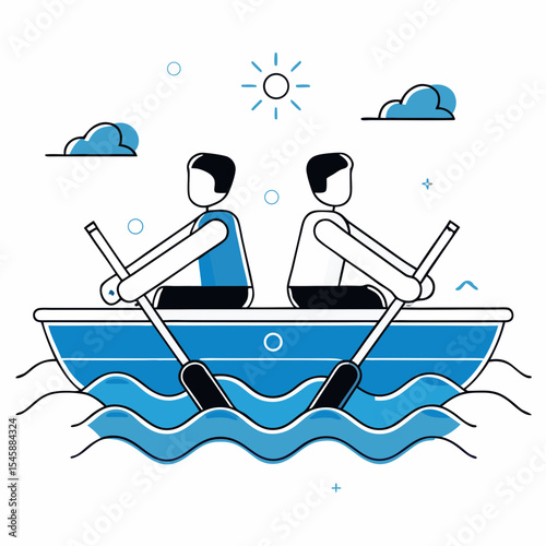 A vector illustration showing two people rowing a boat in opposite directions, symbolizing conflict, miscommunication, or opposing goals.

