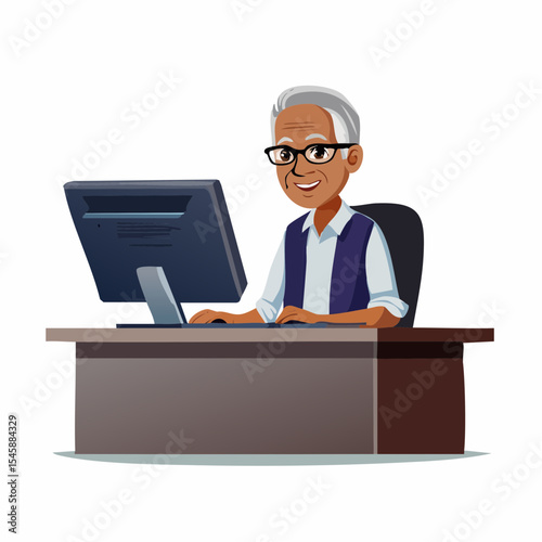 Senior man using computer at desk, vector illustration