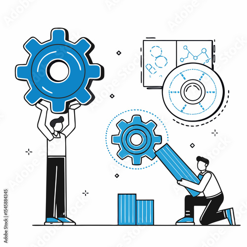 A vector illustration of a business team collaborating on a project with gears, symbolizing efficient operations and problem-solving.

