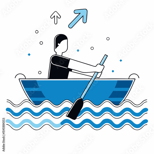 A vector illustration depicting a man rowing a boat on water, symbolizing progress, effort, and moving forward.

