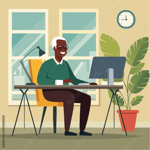 Senior man using computer at desk, vector illustration