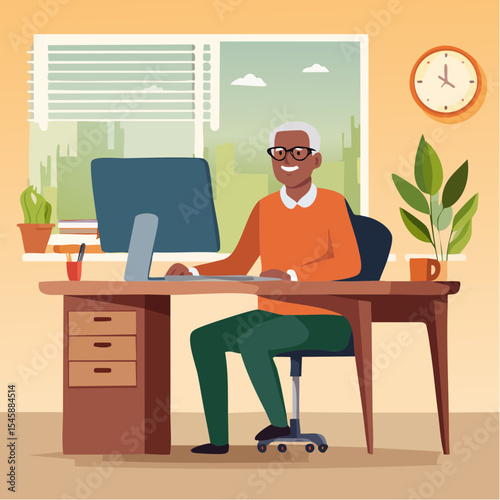 Senior man using computer at desk, vector illustration