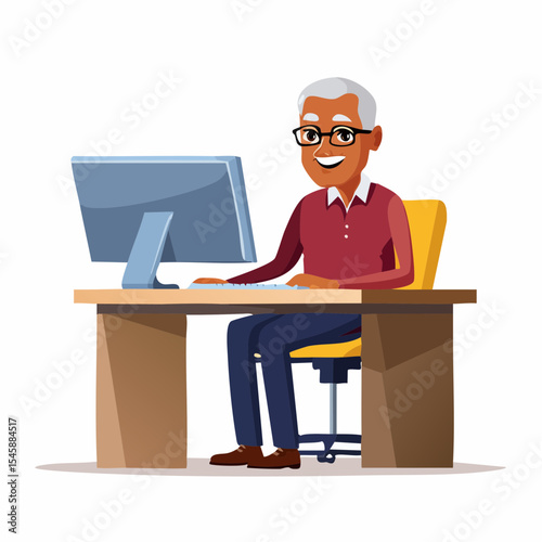 Senior man using computer at desk, vector illustration