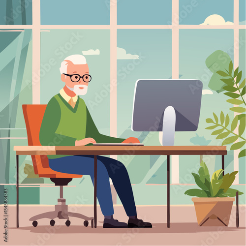 Senior man using computer at desk, vector illustration